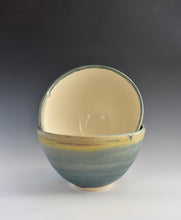 Load image into Gallery viewer, Porcelain bowl with gradient blue-brown exterior on a gradient background